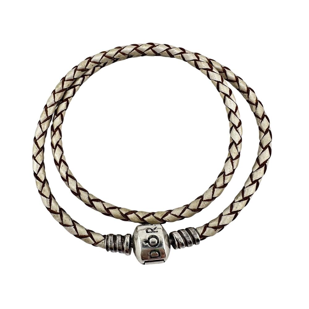 Pandora 925 Sterling Silver White Brown Braided Leather Wrap Charm 13” Bracelet